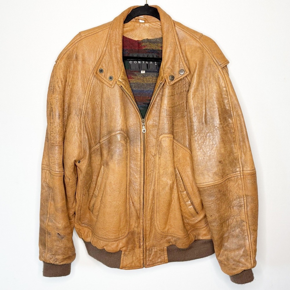 Vintage Context Distressed Tan Leather Bomber Jacket Southwest Lining Size LT